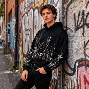 Novedad 2026, Sudadera con Capucha para Hombre Más Vendida, con Gráfico de Llama Urbana y Decoración de Pedrería, de Corte Oversize, Holgado y Corto - Product Image 2