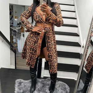 Invierno otoño nueva moda de alta calidad estampado de leopardo gabardina mujer motocicleta Pu cuero mujer chaqueta abrigo largo delgado con cinturón