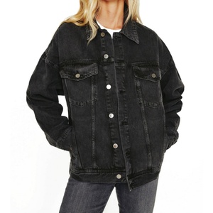 Veste en jean noire délavée surdimensionnée pour femme, style rétro personnalisé, coupe décontractée, épaules tombantes, style trucker - Product Image 1