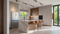 Cuisine moderne avec armoires en placage de bois foncé gris mat, îlot de cuisine en marbre cascade, sans poignées, panneaux E1, ensemble de cuisine sur mesure