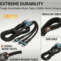 XTAURI BX065 Cable de Carga Rápida 3 en 1 Portátil de Aleación de Aluminio USB-C/USB-A 5A, Conductor de Cobre Puro, Blindado con PVC para Teléfonos Móviles
