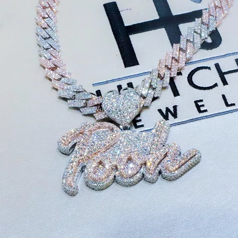 В стиле «хип-хоп» льдом ювелирные изделия с крупными звеньями кубинской синтетический бриллиант S925 стерлингового серебра с буквенным принтом на заказ, ожерелье, Женские Ювелирные изделия