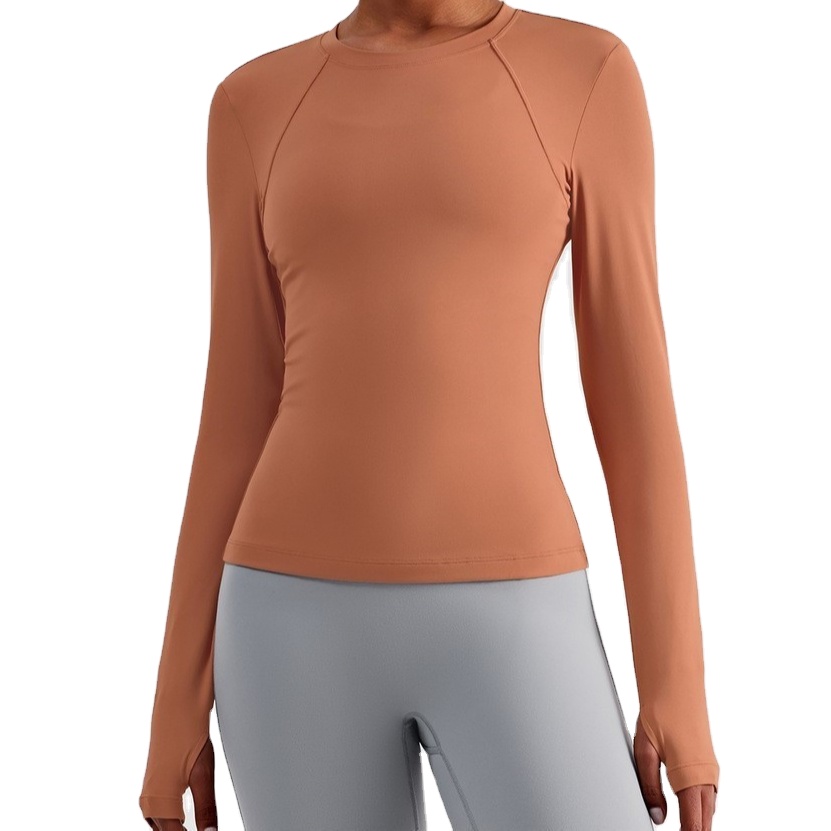 Custom logo Autumn Winter Round Collar Long Sleeve Sports Shirts Fitness Slim Waist Yoga Shirts for Women