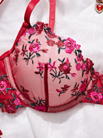 Set Lingerie Jaring Bordir Bunga Mawar Seksi, Bra Berkawat Transparan dan Set Celana Dalam Thong, Set Pakaian Dalam Wanita Merah Berenda OEM ODM