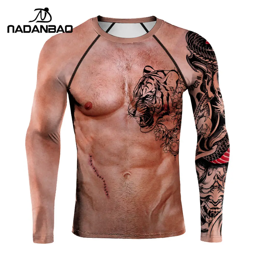 NADANBAO Fashion Muscle T-shirts Men Tattoo Long Sleeve T-Shirts 3D Art Printed Casual Funny Graphic Tees