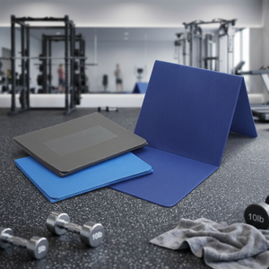 Tapis de yoga pliable rectangulaire bleu-gris épais et léger avec logo personnalisé pour l'entraînement en salle de sport - Product Image 1