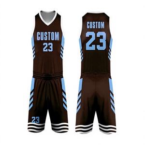 Custom Basketball Jersey Set Brown Blue V-Neck Sleeveless Heat-Transfer Printed Mesh Plaid/Solid Quick Dry Polyester Elastic - Product Image 1