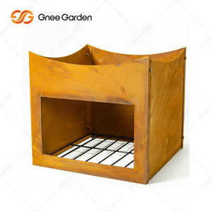 Parrilla de barbacoa de acero corten redonda compacta de color óxido con almacenamiento de madera para patio - Product Image 6