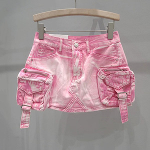 Mini-<span class=keywords><strong>jupe</strong></span> cargo asymétrique en denim délavé et teint, respirante, style motard, pour femme, fabriquée sur mesure - Product Image 3