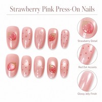 T1693 Kaixin Faux ongles à presser en acrylique, forme ellipse courte, motif fraise rouge et accents de points rouges, pour fête, fournitures pour ongles