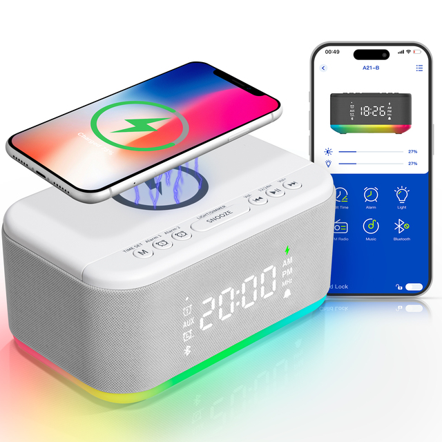 KENUO 3 in 1 App Control Home Hotel Bedroom RGB Light 5W Wireless Charger FM Radio Alarm Clock With Bluetooth Speaker