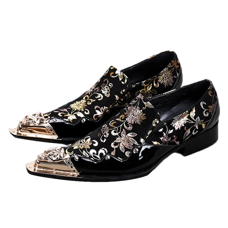 Genuine Leather Men Casual Shoes Luxury Mens Breathable Slip on Black Gold Printed Shoes