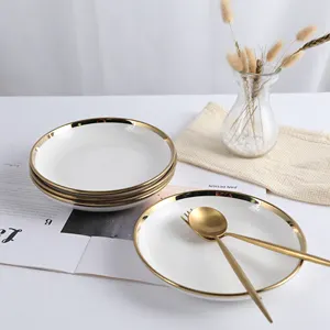 Different Sizes Nordic Luxury Round Porcelain Dinner Gold Rimmed Plates White And Gold Plate Ceramic Kitchen Plates