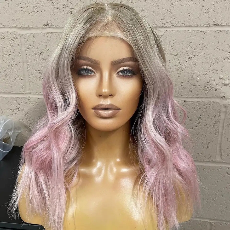 Ombre Pink Gray Wig Grey Ombre Pink Blue Synthetic Lace Front Wig With Bangs  main image 3