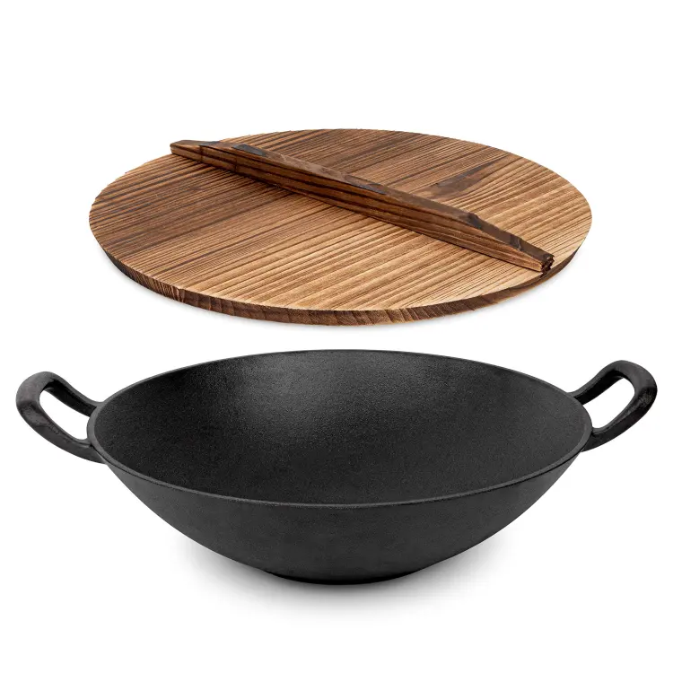 Ollas Wok de cocina de hierro fundido tradicional chino presazonado para utensilios de cocina al aire libre con tapa de madera