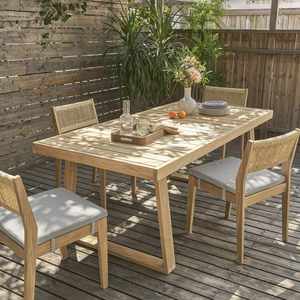 Solid Teak Wood Garden Set Furniture for with Woven Back Dining Chair Modern Style <b>Outdoor</b> Dining <b>Table</b> Set - Product Image 1