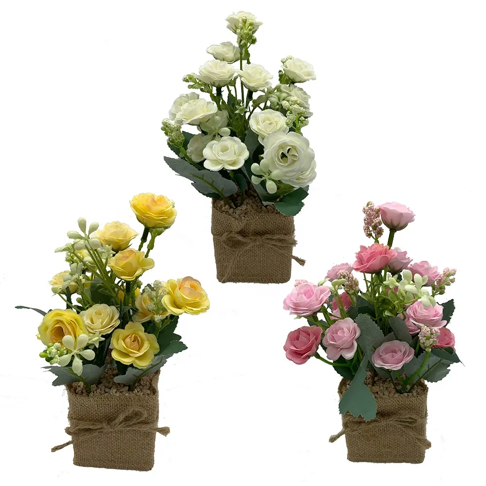 Flor de simulación para decoración en florero, pequeños arreglos de flores artificiales, Rosa en maceta de seda Floral para el hogar y la Oficina, Mesa