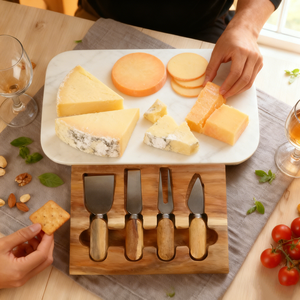 Tabla de cortar para servir queso de madera y mármol de Acacia rectangular de casa natural con juego de cuchillos y cajón - Product Image 2
