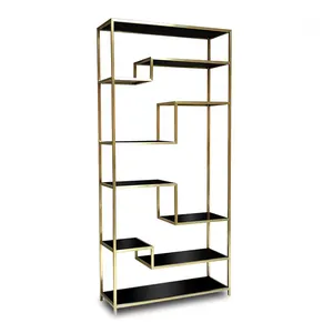 Golden stainless steel metal frame black glass top wine shelves