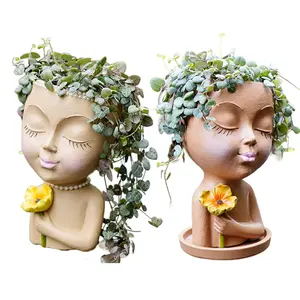 Custom Lady Face Planter Flower Pot Head Planter Girl Head Flower Pot Female with Flower Statue Planter Pots Resin Garden Decor