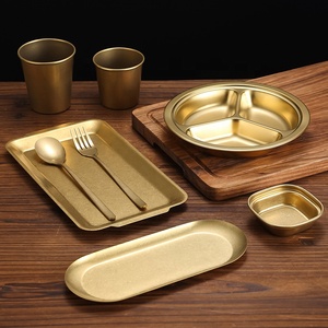 Ensemble de <span class=keywords><strong>vaisselle</strong></span> rétro en acier inoxydable doré Style coréen Restaurant plats anciens assiettes rectangulaires saveur Barbecue assiette couverts - Product Image 3