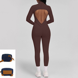 Custom Hollow Out Back Sexy Slim Brown Women's Yoga One Piece Jumpsuits &amp; Bodysuits with Bra <strong>Pad</strong> and Front Zipper No Scrunch <strong>Bum</strong> - Product Image 1
