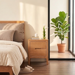 Solid Oak Wood Modern <strong>Nightstand</strong> with with Tapered Legs Modern Bedside Table - Product Image 2
