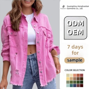 2024 nuevo estilo de longitud media Ragged Hole Denim Coat mujer otoño manga larga Casual Polo Top - Product Image 1