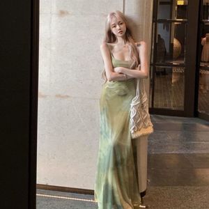 Retro Style Light Green Maxi Dress Spaghetti Strap Natural Waist Beach Casual Vintage Print Summer Dress - Product Image 1