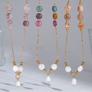 Collier en acier 316L plaqué or 18K PVD, étanche et inaltérable, avec pendentif double pièce, perle baroque et goutte d'eau, cadeau bouddhiste - Product Image 1