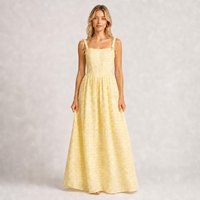 Robe longue fluide personnalisée pour femme, jaune et blanc à carreaux vichy, col carré, bretelles à nœuds, corsage smocké