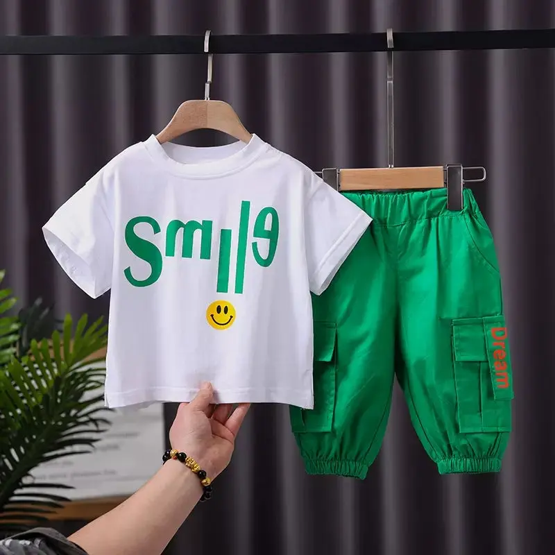 Nieuwe Collectie Fashion Lente Zomer Glimlach Afdrukken Kids 2 Stuks Kleding Set Korte Mouwen T-shirt + Broek Voor Kinderen