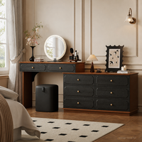 Ensemble coiffeuse vintage en noyer noir avec miroir rond, tabouret et armoire de rangement pour chambre à coucher