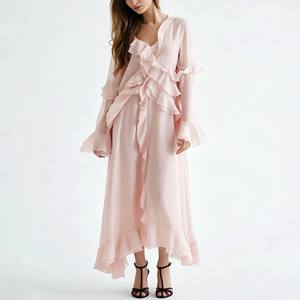 Vestido elegante personalizado de gasa de color con volantes, cuello en V, manga larga acampanada, abertura irregular en el bajo y cintura alta, corte en A. - Product Image 1