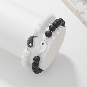 FanYue Fashion Personality Agate Tai Chi Bracelet Set <strong>Black</strong> and White Yinyang Tai Ji Couple <strong>Beaded</strong> Bracelet Set - Product Image 2