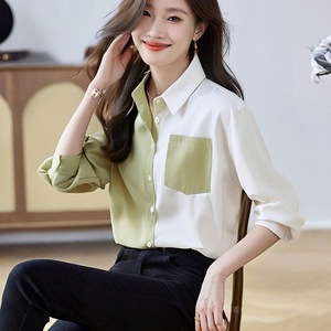 Blus Kantor Wanita Gaya Korea Longgar Elegan, Warna Blok, Hiasan Saku, Lengan Panjang - Product Image 4