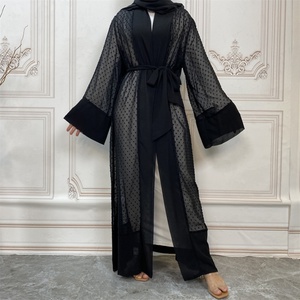 1937# Polka Dot Open Abaya With Scarf White Inner Dress Soft Polyester <b>Summer</b> Modest Fashion Long Sleeve Dubai Abaya - Product Image 3