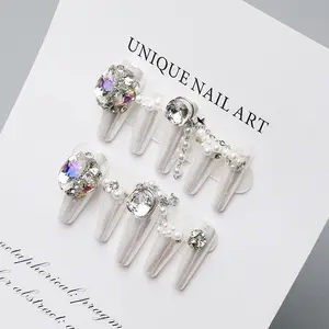 Hot tiktok artifical fingernail big rhinestone handmade false nails big rhinestone