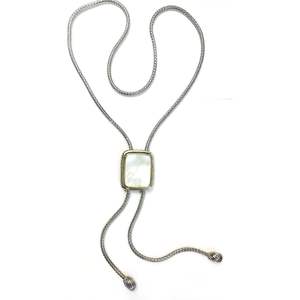Two Tone Rhodium Plated Brass Fox Chain Mother Pearl Cable Pendant <b>Lariat</b> <b>Necklace</b> 30\" Sliding/Adjustable-Pearl Pendants Charms - Product Image 2