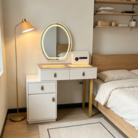 Table de maquillage professionnelle personnalisée avec éclairage LED, miroir tactile ovale, armoire latérale multi-tiroirs, bureau de maquillage