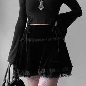Goth Mall Gothic Aesthetic Velvet Pleated Mini Skirts Women Vintage Harajuku <strong>Emo</strong> Alt <strong>Clothes</strong> High Waist Lace Ruffles Skirt - Product Image 1