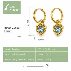 Pendientes de Aro con Dije de Corazón de Acero Inoxidable, Chapados al Vacío en Oro de 14K, Tono Oro/Plata, con Circonitas Blancas, Rosas y Azules - Product Image 3