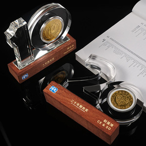 Crystal Acrylic <b>Trophy</b> With Inlaid Medal Wood Base Laser <b>Engraved</b> Outstanding Employee Award Business Gift - Product Image 1