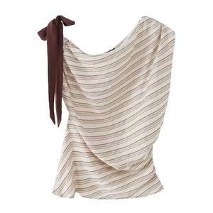 Top y Camisa sin Mangas con Cuello Asimétrico a Rayas y Volantes para Mujer, Verano - Product Image 2
