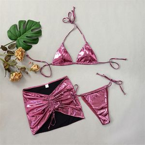ZHEZHE Wholesale Bronze Fabric 3 Piece <strong>Bikini</strong> Set Sexy Micro Bra and <strong>Thong</strong> Custom <strong>Swimsuits</strong> for Women Beach Wear - Product Image 5