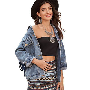 Classica giacca di jeans con frange lavate alla moda in stile retrò retrò con ricamo personalizzato da donna - Product Image 2