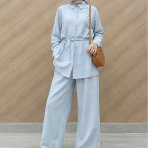 Ensemble 2 pièces pour femmes avec col rabattu et lacets, pantalon large, vêtements de prière du Ramadan, vêtements islamiques de Dubaï, abaya turque - Product Image 3