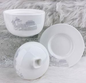 Bol de service en céramique pour restaurant avec couvercle et soucoupe, impression personnalisée, en porcelaine - Product Image 2