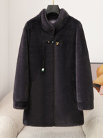 Manteau d'hiver élégant pour femme ZHENG YE, col mandarin, fausse fourrure, 100% polyester, long, épais, chaud, doux, pelucheux, couleur unie
