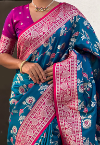 Delight In Pink Banarasi Sari de seda suave con hermoso contraste Jaal y exquisito tejido Zari Ideal para bodas Festivales - Product Image 5